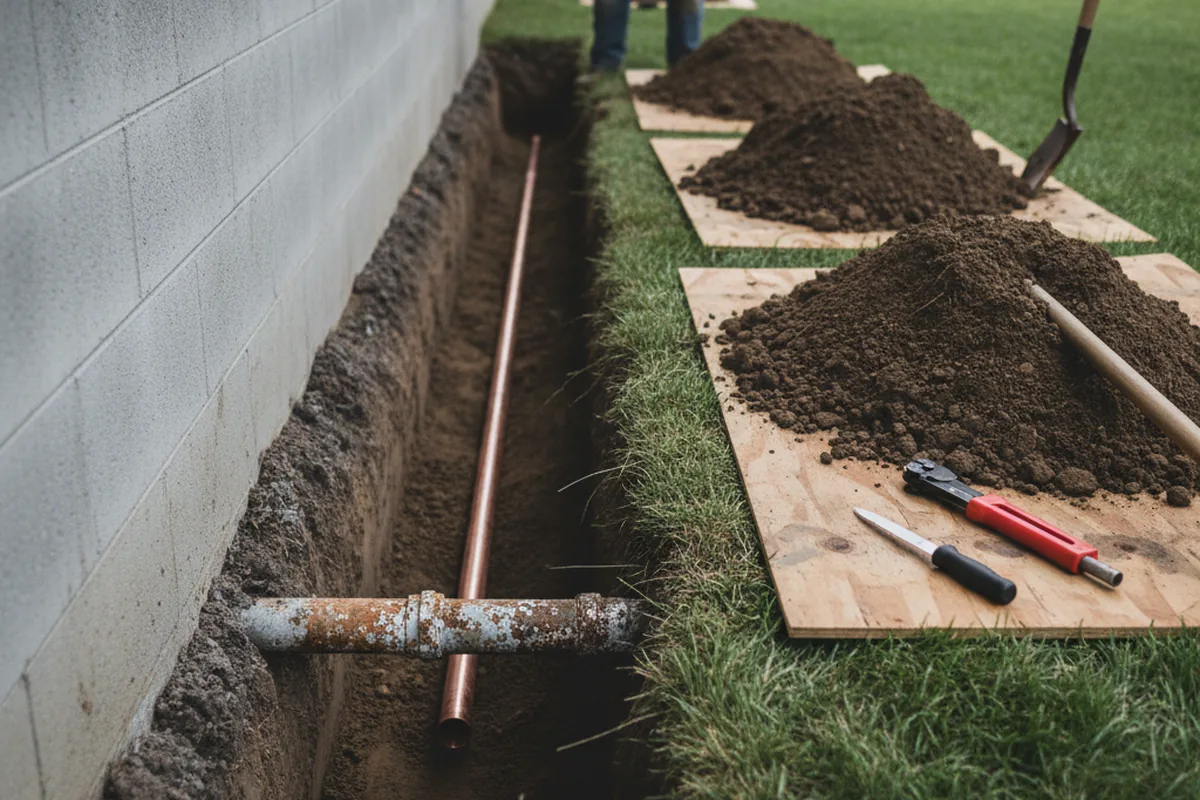 Excavated water line trench during Water Softener Installation in Pearl River